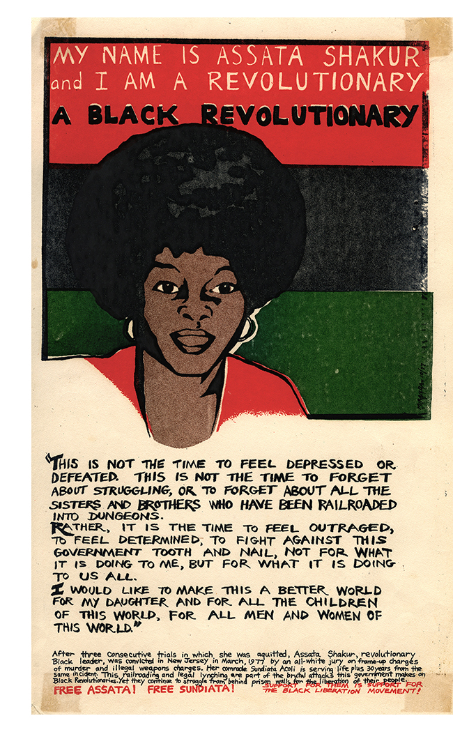 “My name is Assata Shakur and I am a Black revolutionary” Gestetner flyer by Miranda Bergman, 1977 (printed by Jane Norling).