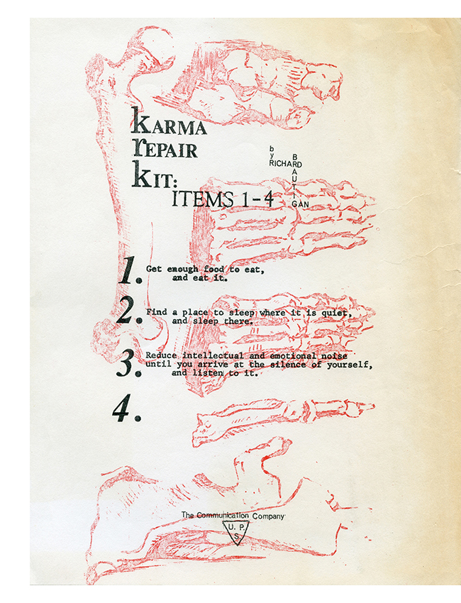 “Karma repair kit” Gestetner flyer by Richard Brautigan, printed by the Communication Company, circa 1967