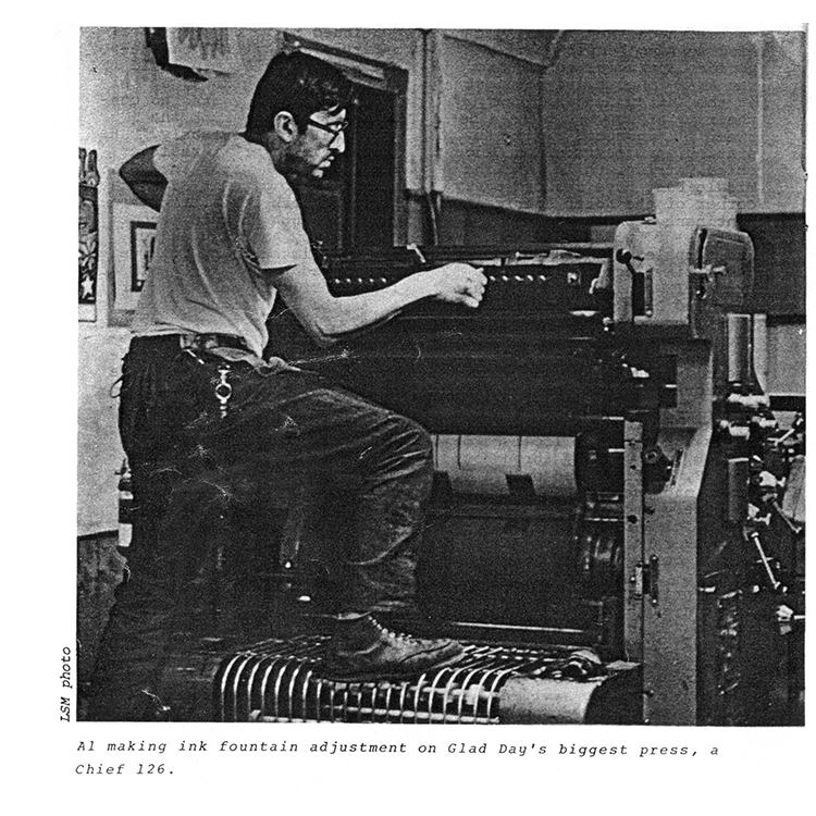 “ [Al] Ferrari making ink fountain adjustment on Glad Day ’s biggest press, a Chief 126” in “Left profile: Glad Day Press” Liberation Support Movement Newsletter, Winter 1978 