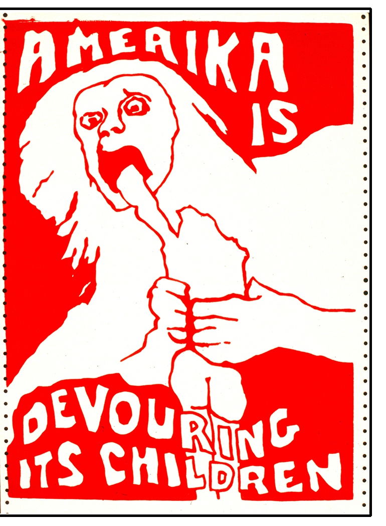 “Amerika is devouring its children” screenprint by Jay Belloli, 1970, UC Berkeley poster workshop