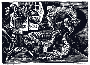 (untitled), linoleum print of painter’s strike in L.A., 1948, by Domingo Ulloa